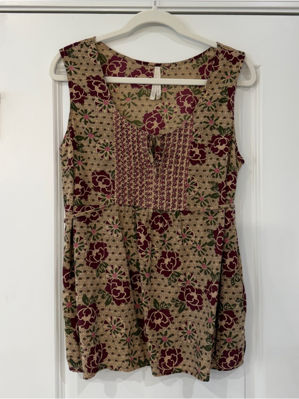 High Sierra Floral Sleeveless Tunic - Burgundy, Tan & Green